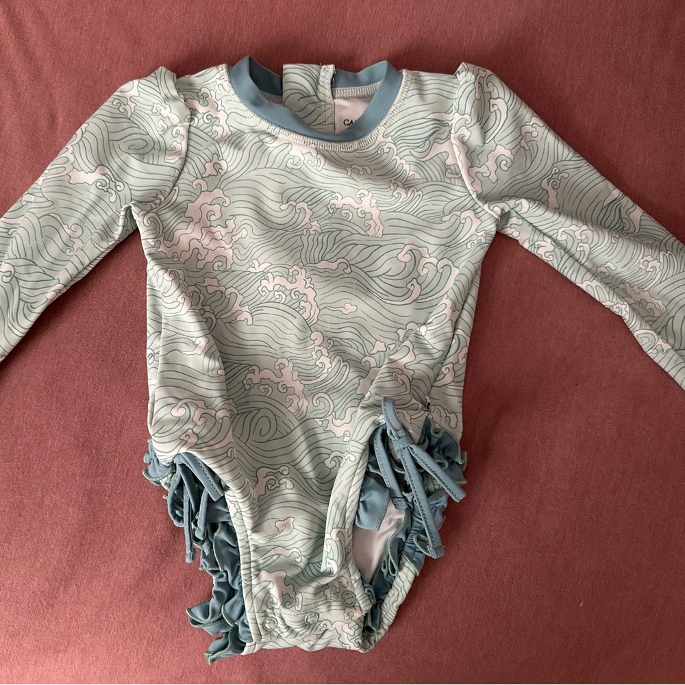 Caden lane long sleeve rash guard bathing suit with ruffle bottom